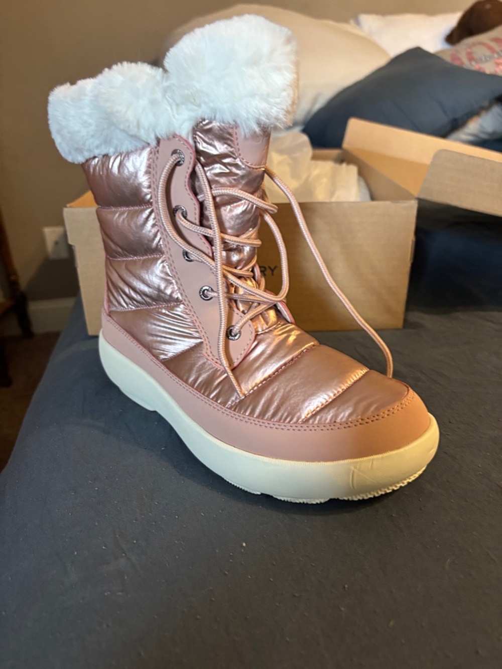 Sperry Rose Gold Metallic Faux-Fur Lace-Up Winter Boot